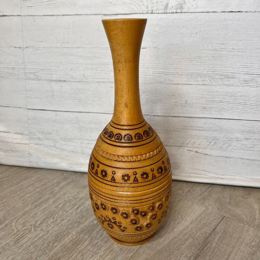 Wood Vase Whimsical Stamp Pattern Primitive Farmhouse Rustic Decor